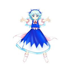 Rule 34 | 1girl, blue bow, blue dress, blue eyes, blue hair, bow, cirno, closed mouth, dress, embodiment of scarlet devil, full body, game cg, hair bow, highres, looking at viewer, puffy short sleeves, puffy sleeves, rotte (1109), short hair, short sleeves, simple background, smile, socks, solo, third-party source, touhou, touhou lostword, white background, white socks