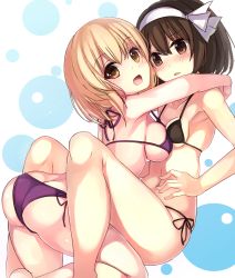 Rule 34 | 2girls, arm up, ass, bare arms, bare legs, bare shoulders, barefoot, between legs, bikini, black ribbon, blonde hair, blush, breasts, brown eyes, brown hair, butt crack, detached sleeves, embarrassed, eyebrows, from side, hair between eyes, hair ribbon, hairband, hand on another&#039;s shoulder, highres, hug, janne cherry, looking at viewer, looking to the side, maribel hearn, medium breasts, multiple girls, purple bikini, purple ribbon, ribbon, short hair, side-tie bikini bottom, sideboob, simple background, small breasts, strap gap, swimsuit, tareme, touhou, two-tone background, usami renko, white ribbon, yellow eyes, yuri
