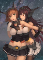 Rule 34 | 10s, 2girls, \||/, absurdres, holding another&#039;s arm, bad id, bad pixiv id, bare shoulders, black gloves, black hair, blush, grabbing another&#039;s breast, breasts, brown hair, brown legwear, buoy, cowboy shot, dancing, female focus, fingerless gloves, fog, garter straps, gloves, grabbing, green eyes, hairband, headgear, highleg, highleg panties, highres, holding own arm, hug, hug from behind, kantai collection, large breasts, long hair, looking at another, microskirt, midriff, milky way, miniskirt, multiple girls, mutsu (kancolle), nagato (kancolle), navel, night, night sky, nuwangyang (930426), open \m/, open mouth, outdoors, outstretched arm, panties, pleated skirt, red eyes, revision, short hair, side-tie panties, skirt, sky, smile, snow, standing, star (sky), thighhighs, underwear, water, white gloves, yuri, zettai ryouiki