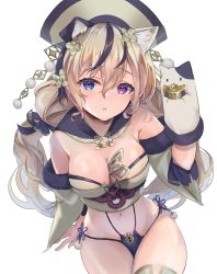 Rule 34 | 1girl, absurdres, animal ears, arm support, banknote, bare shoulders, between breasts, blonde hair, blue eyes, breasts, cat ears, chinese clothes, cleavage, cowboy shot, crop top, crossed legs, from above, fur trim, hair between eyes, heterochromia, highres, houchi shoujo, large breasts, long bangs, long hair, looking at viewer, money, multicolored hair, narrow waist, navel, open mouth, panties, paw ornament, pi tayuko, puppet, purple eyes, simple background, sitting, streaked hair, tail, twintails, underwear, very long hair, white background