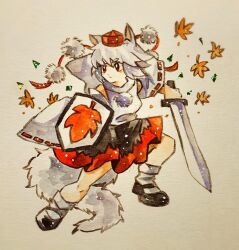 Rule 34 | 1girl, animal ears, closed mouth, commentary request, detached sleeves, full body, holding, holding shield, holding sword, holding weapon, inubashiri momiji, key747h, leaf, maple leaf, pom pom (clothes), red eyes, red headwear, ribbon-trimmed sleeves, ribbon trim, shield, socks, solo, sword, tail, touhou, weapon, white socks, wolf ears, wolf girl, wolf tail