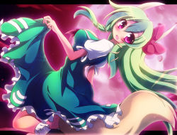 Rule 34 | 1girl, bobby socks, breasts, clothes lift, dress, ex-keine, female focus, full moon, geo (yukishitadou), green hair, horn ornament, horn ribbon, horns, kamishirasawa keine, lace, long hair, moon, multicolored hair, open mouth, red eyes, red moon, ribbon, shoes, silver hair, skirt, skirt hold, skirt lift, socks, solo, tail, touhou, white socks