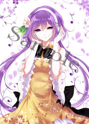 Rule 34 | 1girl, absurdres, adapted costume, bad id, bad pixiv id, bare shoulders, bow, clothing cutout, cowboy shot, dress, flower, frills, hair flower, hair ornament, headphones, highres, leaf hair ornament, low twintails, musical note, purple eyes, purple hair, sample watermark, sheya, shoulder cutout, solo, touhou, tsukumo benben, twintails, watermark, wide sleeves, yellow dress