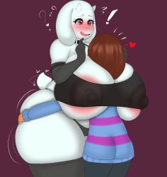 Rule 34 | 1boy, 1girl, absurdres, age difference, animal ears, areola slip, ass, ass grab, blush, breasts, clothes, embarrassed, fladdykin, frisk (undertale), furry, gigantic breasts, heart, height difference, highres, huge ass, large areolae, nipples, open mouth, red eyes, sheep ears, sheep girl, sheep tail, shiny skin, size difference, smile, tail, toriel, undertale