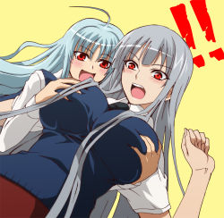 Rule 34 | !, !!, 00s, 2girls, aliasse, blue hair, blush, grabbing another&#039;s breast, breasts squeezed together, breasts, female focus, grabbing, grey hair, huge breasts, long hair, multiple girls, necktie, open mouth, red eyes, school uniform, selvaria bles, senjou no valkyria, senjou no valkyria (series), senjou no valkyria 1, senjou no valkyria 2, surprised, surprised arms, sweater vest, taguchi kenji (omaep), uniform