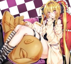 Rule 34 | 1girl, alternate costume, alternate hairstyle, bare shoulders, beige jacket, black dress, blonde hair, blush, checkered background, dress, eating, flower, food, food on face, hair between eyes, hair flower, hair ornament, hair ribbon, highres, kneehighs, knees up, konjiki no yami, leg belt, legs, licking, licking finger, lolita fashion, long hair, looking at viewer, nakano maru, off shoulder, red eyes, ribbon, sitting, sleeveless, sleeveless dress, socks, solo, striped clothes, striped socks, stuffed toy, takoyaki, thigh strap, thighs, to love-ru, tongue, tongue out, twintails, very long hair, very long sleeves