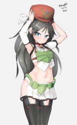 Rule 34 | 1girl, absurdres, arm warmers, armor, black hair, black thighhighs, blue eyes, breastplate, cowboy shot, flat chest, grey background, hair ribbon, highres, kantai collection, katsuragi (kancolle), long hair, looking at viewer, maru (marg0613), midriff, one-hour drawing challenge, pleated skirt, ponytail, red headwear, ribbon, simple background, single arm warmer, skirt, solo, thighhighs, zettai ryouiki