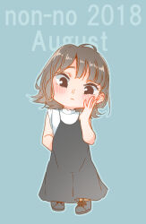 Rule 34 | 1girl, arm behind back, black dress, black footwear, blue background, blue outline, blush, brown hair, chibi, closed mouth, commentary request, dated, dress, earrings, full body, hand on own cheek, hand on own face, highres, jewelry, kashikaze, long hair, looking at viewer, medium hair, outline, pinafore dress, real life, saitou shuka, shirt, simple background, sleeveless, sleeveless dress, sleeveless shirt, solo, voice actor, white shirt