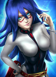 Rule 34 | 10s, 1girl, alternate hair color, aqua eyes, belt, belt buckle, blue background, blue eyes, blue hair, bodysuit, boku no hero academia, breasts, buckle, closed mouth, covered navel, cowboy shot, cuffs, deviantart username, dominatrix, domino mask, facing viewer, hair between eyes, hand on own hip, hand up, handcuffs, happy, holding, holding whip, leotard, lips, long hair, looking at viewer, madeleine bellwoar, mask, medium breasts, midnight (boku no hero academia), nail polish, pink lips, red nails, simple background, skin tight, skindentation, smile, solo, spiked hair, standing, superhero costume, teacher, very long hair, whip