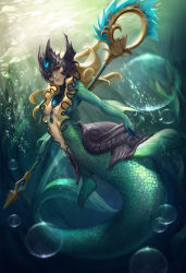 Rule 34 | 1girl, air bubble, blonde hair, breasts, bubble, center opening, fins, floating hair, frills, full body, gorget, helmet, highres, holding, holding weapon, jewelry, league of legends, long hair, lucidsky, mermaid, monster girl, nami (league of legends), outstretched arm, red eyes, revision, scales, seaweed, signature, solo, staff, swimming, underwater, weapon