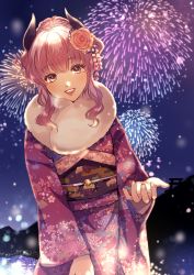 Rule 34 | 1girl, absurdres, alternate costume, blush, brown eyes, commission, fireworks, flower, fur trim, furisode, hair flower, hair ornament, highres, horns, indie virtual youtuber, japanese clothes, kimono, night, night sky, open mouth, pink flower, pink rose, purple hair, rose, second-party source, skeb commission, sky, smile, solo, taro tapioca, torii, virtual youtuber, wawatiku