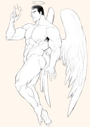 Rule 34 | 1boy, abs, angel, angel wings, ass, bara, convenient leg, feathered wings, flying, from side, full body, greyscale, groin, halo, index finger raised, large pectorals, looking at viewer, male focus, monochrome, muscular, muscular male, nipples, orange theme, original, pectorals, short hair, smile, solo, sparkle, stomach, thick thighs, thighs, winemvee, wings