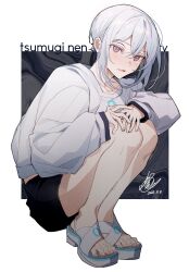 Rule 34 | 1girl, bare legs, black shorts, blush, character name, collarbone, crossed bangs, dated, double-parted bangs, feet, full body, grey sweater, highres, kawachi rin, legs, long sleeves, looking at viewer, pictoria, pink eyes, sandals, shadow, short hair, short shorts, shorts, sidelocks, signature, solo, squatting, sweater, toenails, toes, tsumugi nen, virtual youtuber, white footwear