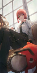 Rule 34 | 1girl, black necktie, black pants, braid, braided ponytail, business suit, chainsaw, chainsaw man, closed mouth, collared shirt, crossed legs, formal, highres, makima (chainsaw man), necktie, office lady, pants, pet, pochita (chainsaw man), red hair, ringed eyes, shirt, shirt tucked in, sidelocks, sitting, suit, ttutto, window, yellow eyes