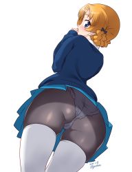 Rule 34 | 1girl, artist name, ass, black pantyhose, blue eyes, blush, bow, braid, dated, from below, girls und panzer, hair bow, hair ornament, highres, kuzuryuu kennosuke, looking at viewer, looking down, miniskirt, orange hair, orange pekoe (girls und panzer), panties, panties under pantyhose, pantyhose, school uniform, simple background, skindentation, skirt, solo, st. gloriana&#039;s school uniform, thighhighs, underwear, upskirt, white background, white panties, white thighhighs