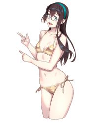 1girl, aqua eyes, bare arms, bare legs, bare shoulders, bikini, black-framed eyewear, black hair, collarbone, cowboy shot, cropped legs, flat chest, glasses, gold bikini, green hairband, hair between eyes, hairband, highres, index fingers raised, kantai collection, long hair, navel, ooyodo (kancolle), open mouth, side-tie bikini, simple background, smile, solo, swimsuit, white background, yuuji (and)