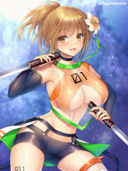 Rule 34 | 1girl, :d, bare shoulders, black choker, black shorts, breasts, brown eyes, brown flower, brown hair, choker, cleavage, commission, dual wielding, flower, hagino kouta, hair flower, hair ornament, holding, holding sword, holding weapon, looking at viewer, medium breasts, navel, open mouth, original, ponytail, see-through, short shorts, shorts, sidelocks, skeb commission, smile, solo, sword, twitter username, weapon, white flower