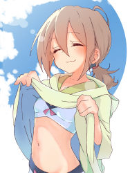 Rule 34 | 1girl, absurdres, bikini, bikini under clothes, blue sky, breasts, closed eyes, clothes lift, do it yourself!!, hair between eyes, highres, light brown hair, megateru, midriff, navel, ponytail, shirt lift, short hair, sky, small breasts, smile, stomach, swimsuit, yua serufu