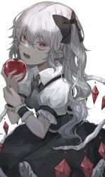 Rule 34 | 1girl, absurdres, apple, black bow, black dress, bow, collar, crystal, dress, flandre scarlet, food, fruit, grey hair, greyscale, hair between eyes, hair bow, hands up, highres, hisha (kan moko), long hair, looking at viewer, monochrome, nail polish, no headwear, open mouth, ponytail, puffy short sleeves, puffy sleeves, red eyes, red nails, seiza, short sleeves, simple background, sitting, solo, spot color, teeth, touhou, white background, white collar, white hair, white sleeves, wings, wrist cuffs