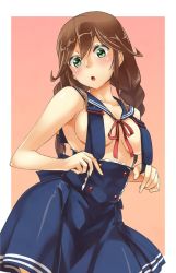 Rule 34 | 10s, 1girl, abo (hechouchou), armpits, blue dress, blush, border, braid, breasts, brown hair, collarbone, dress, green eyes, kantai collection, long hair, looking at viewer, medium breasts, noshiro (kancolle), open mouth, outside border, pink background, revealing clothes, sailor collar, sideboob, simple background, solo, strap pull, striped clothes, striped dress, twin braids, upper body, white border