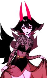 Rule 34 | 1girl, black bra, black hair, black lips, black sclera, bra, breasts, colored sclera, commentary, english commentary, freckles, hair over one eye, halphelt, highres, horns, lipstick, looking at viewer, makeup, monster girl, original, pink eyes, pink pupils, see-through, short hair, simple background, small breasts, solo, standing, underwear, white background