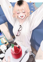 1girl :d absurdres arms_up blonde_hair closed_eyes eyewear_hang food fork hair_ornament hairclip highres holding holding_plate indoors long_sleeves open_mouth original plate pov pov_hands rerrere short_hair signature smile sparkle sweater unworn_eyewear white_sweater