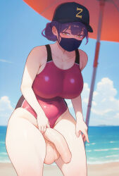 1futa beach beach_umbrella black_hat blush breasts clothing_aside cowboy_shot flaccid foreskin futanari hat highres large_breasts large_penis large_testicles one-piece_swimsuit original penis public_indecency purple_hair red_one-piece_swimsuit solo swimsuit swimsuit_aside testicles umbrella uncensored yellow_eyes zoryc