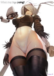 Rule 34 | 1girl, artist name, bad id, bad pixiv id, black hairband, black thighhighs, blindfold, breasts, cleavage cutout, clothing cutout, covered erect nipples, covered eyes, covered navel, english text, feather-trimmed sleeves, from below, hairband, highleg, highleg leotard, jellytits-7, large breasts, leotard, lips, long sleeves, mole, mole under mouth, nier (series), nier:automata, parted lips, pod (nier:automata), silver hair, solo, thighhighs, weapon, weapon on back, white background, white leotard, 2b (nier:automata)
