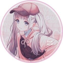 Rule 34 | 1girl, artist name, blue eyes, closed mouth, earrings, hair ornament, hat, hime cut, hoop earrings, jewelry, non-web source, oli o o, original, smile, solo, source request, sweater, twintails, upper body, white hair