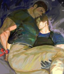 Rule 34 | 123456dyom, 2boys, absurdres, arms behind back, bara, black gloves, black hair, blue shirt, bound, bound wrists, brown hair, brown pants, bulletproof vest, chris redfield, closed mouth, facial hair, gloves, green shirt, highres, large pectorals, leon s. kennedy, looking at another, male focus, multiple boys, muscular, muscular male, pants, pectorals, resident evil, resident evil 6, shirt, short hair, smile, yaoi