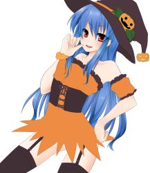 Rule 34 | 1girl, alternate costume, bad id, bad pixiv id, bare shoulders, blue hair, dress, female focus, halloween, hat, highres, hinanawi tenshi, long hair, no panties, red eyes, solo, standing, touhou, transparent background, witch hat, yami nabe