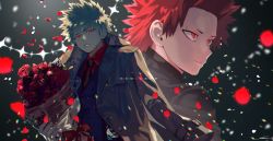 Rule 34 | 2boys, artist name, backlighting, bakugou katsuki, blonde hair, boku no hero academia, bouquet, bow, coat, collared shirt, flower, formal, glowing, glowing eyes, hair slicked back, highres, holding, holding bouquet, jacket, jacket on shoulders, kirishima eijirou, light smile, looking down, looking to the side, male focus, multiple boys, necktie, newspaper, official alternate costume, petals, portrait, red eyes, red hair, red shirt, rose, scar, scar on face, serious, shirt, shoco (sco labo), short eyebrows, short hair, sparkle, spiked hair, suit, trench coat, upper body, vest, wind