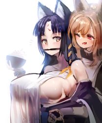 Rule 34 | 2girls, animal ears, arknights, black wristband, blush, bowl, grabbing another&#039;s breast, breasts, brown hair, ceobe (arknights), chopsticks, chopsticks in mouth, clothes pull, collarbone, dog ears, fang, fingerless gloves, gloves, grabbing, grabbing from behind, highres, holding, holding bowl, infection monitor (arknights), large breasts, long hair, looking at another, looking at viewer, mouth hold, multiple girls, notice lines, one eye closed, open mouth, purple gloves, purple shirt, red eyes, rice bowl, saga (arknights), shirt, shirt pull, sideboob, simple background, skin fang, towel, wan jue, white background, white towel, yuri