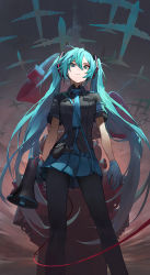 Rule 34 | 1girl, aircraft, airplane, alternate costume, aqua eyes, aqua hair, aqua skirt, armband, between breasts, black pantyhose, black shirt, breasts, broken, cable, collared shirt, commentary request, contrapposto, from below, frown, gloves, hair ornament, hatsune miku, high-waist skirt, highres, koi wa sensou (vocaloid), long hair, looking at viewer, medium breasts, megaphone, modare, pantyhose, pleated skirt, shirt, short sleeves, silhouette, skirt, solo, strap between breasts, twintails, very long hair, vocaloid