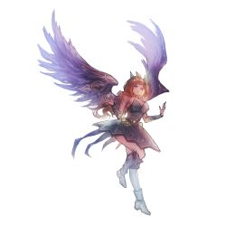 Rule 34 | 1girl, absurdres, alternate color, alternate hair color, bare shoulders, boots, breasts, brown hair, chinese commentary, dress, duel monster, feathered wings, hair ornament, hands up, highres, hugin the runick wings, large breasts, medium hair, pink eyes, realpha, solo, standing, standing on one leg, vambraces, white background, wings, yu-gi-oh!