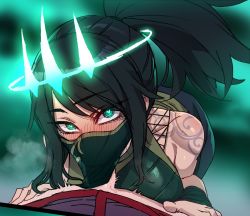 Rule 34 | 1boy, 1girl, akali, bare shoulders, black hair, blush, breasts, crown, fellatio, fellatio under mask, green eyes, heart, heart-shaped pupils, hetero, league of legends, long hair, looking at viewer, mask, mind control, mouth mask, mouth veil, oral, penis, ponytail, pov, ratatatat74, ruination, shoulder tattoo, solo, solo focus, steam, symbol-shaped pupils, tattoo, veil