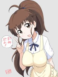 Rule 34 | 1girl, apron, blush, bowieknife, breasts, brown eyes, brown hair, collared shirt, female focus, frills, grey background, jpeg artifacts, large breasts, long hair, looking at viewer, open mouth, pointing, ponytail, ribbon, shirt, signature, simple background, solo, speech bubble, taneshima popura, translated, waitress, working!!