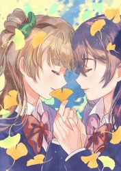Rule 34 | 2girls, absurdres, artist name, artist request, blue cardigan, blue jacket, blush, bow, bowtie, breasts, brown hair, cardigan, close-up, closed eyes, collared shirt, falling leaves, female focus, green bow, grey hair, hair bow, hair rings, heads together, highres, holding, holding hands, jacket, leaf, light brown hair, long hair, long sleeves, looking at viewer, love live!, love live! school idol project, minami kotori, multiple girls, otonokizaka school uniform, outdoors, parted lips, ponytail, red bow, school uniform, shirt, side ponytail, small breasts, smile, sonoda umi, striped, striped bow, upper body, white shirt