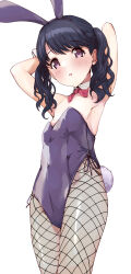 Rule 34 | 1girl, :o, absurdres, animal ears, armpits, arms behind head, arms up, bare shoulders, black hair, blush, bow, collar, commentary request, detached collar, fake animal ears, fishnet pantyhose, fishnets, fukumaru koito, groin, hairband, highres, idolmaster, idolmaster shiny colors, kuroba aki, leotard, looking at viewer, pantyhose, parted lips, playboy bunny, purple eyes, purple hairband, purple leotard, rabbit ears, rabbit tail, red bow, simple background, solo, strapless, strapless leotard, tail, twintails, white background, white collar, wing collar, wrist cuffs