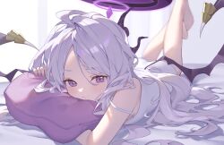 Rule 34 | 1girl, absurdres, barefoot, black wings, blue archive, blush, closed mouth, demon wings, fingernails, grey hair, halo, highres, hina (blue archive), indoors, iwashi 111, long hair, looking at viewer, lying, on stomach, purple eyes, revision, shirt, sleeveless, sleeveless shirt, solo, toes, white shirt, wings
