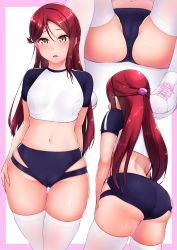 Rule 34 | 10s, 1girl, artist request, ass, blush, breasts, buruma, cameltoe, from behind, gym clothes, hair ornament, half updo, highres, long hair, looking at viewer, love live!, love live! sunshine!!, midriff, multiple views, navel, open mouth, partially visible vulva, red hair, sakurauchi riko, shiny skin, shirt, thighhighs, very long hair