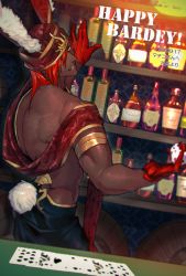 Rule 34 | 1boy, alternate costume, animal ears, armlet, ashwatthama (fate), bare back, brown headwear, daimon560, dark-skinned male, dark skin, english text, fake animal ears, fate/grand order, fate (series), from behind, leotard, looking at viewer, male focus, male playboy bunny, medium hair, muscular, orange hair, playboy bunny, rabbit ears, rabbit tail, red hair, revealing clothes, smile, solo, tail, yellow eyes