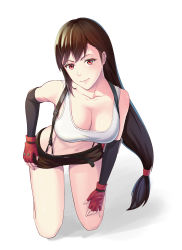 Rule 34 | 1girl, absurdres, bare legs, bare shoulders, black hair, breasts, brown eyes, brown hair, cleavage, coast rover, collarbone, commentary request, elbow gloves, final fantasy, final fantasy vii, fingerless gloves, gloves, hair ornament, highres, kneeling, large breasts, long hair, low-tied long hair, md5 mismatch, midriff, miniskirt, navel, pencil skirt, red gloves, resolution mismatch, simple background, skirt, smile, solo, source smaller, suspender skirt, suspenders, tank top, tifa lockhart, white background