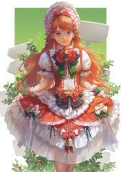 Rule 34 | 1girl, bell, black bow, blue eyes, bonnet, bow, center frills, closed mouth, dress, dress bow, eyelashes, flower, frilled dress, frills, green bow, hair bow, highres, legs together, lolita fashion, long eyelashes, long hair, looking at viewer, orange hair, original, puffy short sleeves, puffy sleeves, red bow, red dress, rose, see-through, short sleeves, skirt hold, smile, solo, standing, too many, too many frills, white bow, white headwear, wrist cuffs, yellow flower, yellow rose, youshun (naturaljuice)