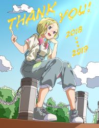 Rule 34 | 1girl, aged down, blonde hair, blue sky, cloud, creatures (company), day, facepaint, game freak, grey eyes, hari611, highres, long hair, low twintails, mina (pokemon), nintendo, open mouth, outdoors, overalls, pokemon, pokemon lgpe, shirt, shoes, short sleeves, sky, solo, thank you, twintails, white shirt