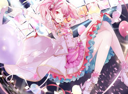 Rule 34 | 1girl, :d, absurdres, armpits, bang dream!, dress, gloves, hair ornament, high heels, highres, layered skirt, long hair, looking at viewer, mamenomoto, maruyama aya, md5 mismatch, open mouth, outstretched arms, pink hair, red eyes, resolution mismatch, skirt, sleeveless, sleeveless dress, smile, solo, source smaller, twintails, white footwear, white gloves