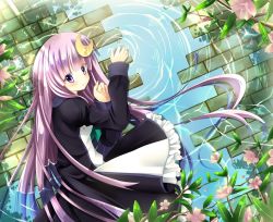 Rule 34 | 1girl, adapted costume, alternate costume, crescent, crescent moon, flower, iris yayoi, long hair, looking at viewer, moon, patchouli knowledge, petals, purple eyes, purple hair, ripples, smile, solo, touhou, water