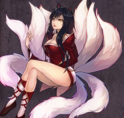 Rule 34 | 1girl, ahri (league of legends), animal ears, bad id, bad pixiv id, black hair, breasts, cleavage, facial mark, fox ears, fox tail, korean clothes, large breasts, league of legends, crossed legs, lips, long hair, looking at viewer, multiple tails, open mouth, sitting, solo, soul4444, tail, whisker markings, yellow eyes