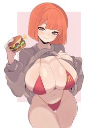 Rule 34 | 1girl, bikini, breasts, brown eyes, brown sweater, burger, closed mouth, clothes lift, commentary, curvy, english commentary, food, highres, holding, holding food, huge breasts, lifting own clothes, mature female, mcdonald&#039;s, micro bikini, mother (yoru mac), navel, orange hair, product girl, smile, solo, stomach, sweater, sweater lift, swimsuit, wide hips, yoru mac, yoshiikirablr