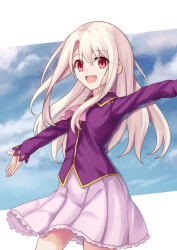 Rule 34 | 1girl, blonde hair, blue sky, breasts, cloud, cloudy sky, cowboy shot, fate/stay night, fate (series), highres, illyasviel von einzbern, long hair, long sleeves, morokoshi (tekku), open mouth, outstretched arms, pleated skirt, purple shirt, red eyes, shirt, sidelocks, skirt, sky, small breasts, solo, spread arms, straight hair, teeth, upper teeth only
